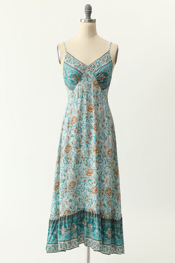 Spaghetti Tiras Azul Bohemia Vestido